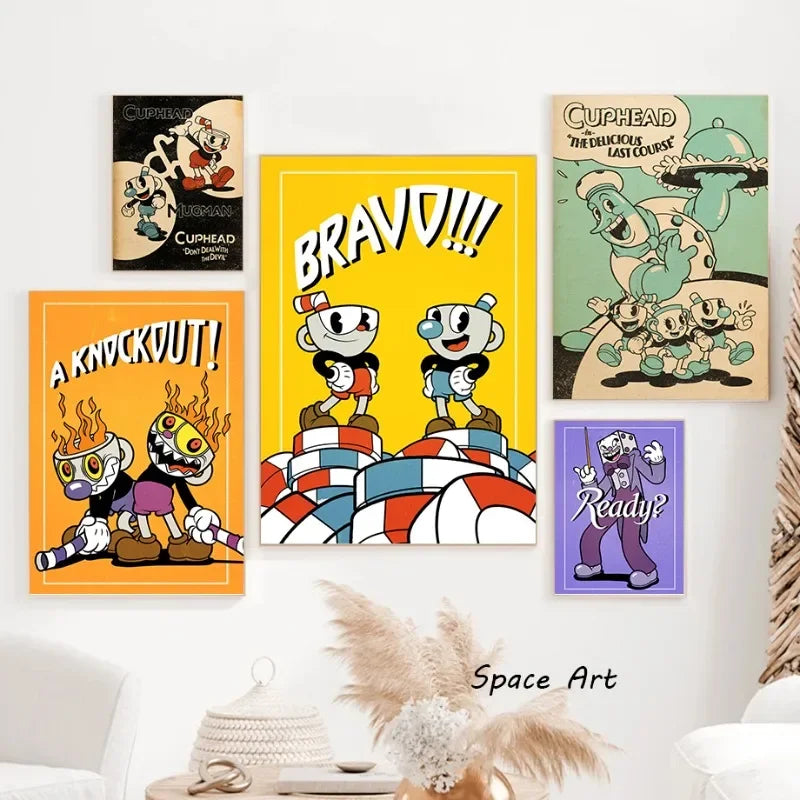 Clásico Retro Arte de Pared Juego Anime Cuphead Personajes de Caricatura Póster Impreso en Lienzo HD Decoración para el Hogar Sala de Estar Dormitorio
