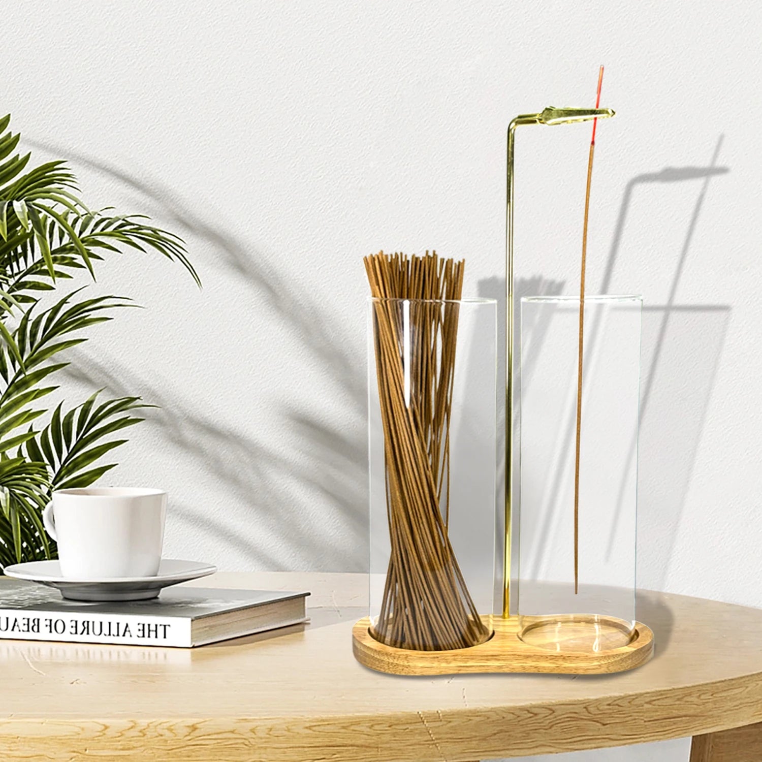 Porte-encens en verre 2 en 1 anti-cendres volantes avec récupérateur de cendres amovible et organisateur de bâtonnets d'encens Décoration d'intérieur