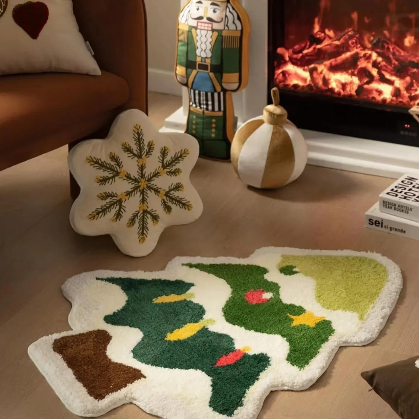 Alfombra de lana tipo VIKAMA de árbol de Navidad de dibujos animados, alfombrilla antideslizante suave, felpudo de entrada, ambiente festivo, decoración del hogar