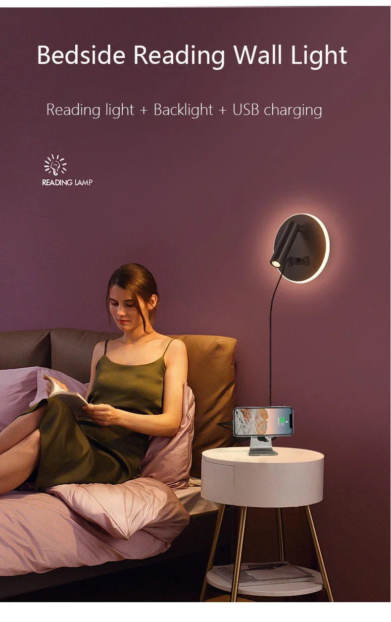 Applique Murale Moderne Minimaliste LED USB Rechargeable Lampe de Chevet Intérieure pour Chambre d'Hôtel Liseuse Applique Murale avec Interrupteur AC 90~240V