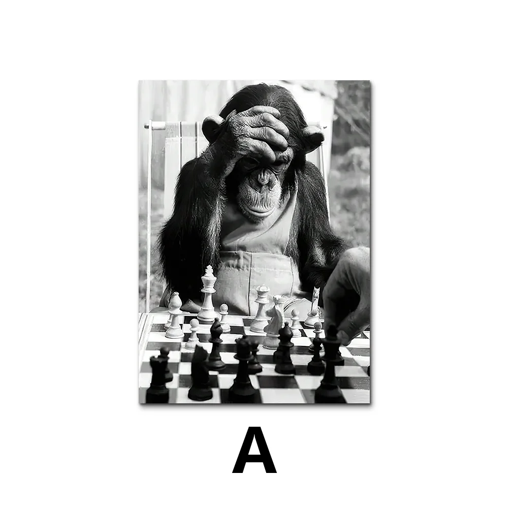 Classic Vintage Animal Wall Art Monkey Playing Chess HD Canvas Printed Poster Home Living Room Bedroom Decorative Painting