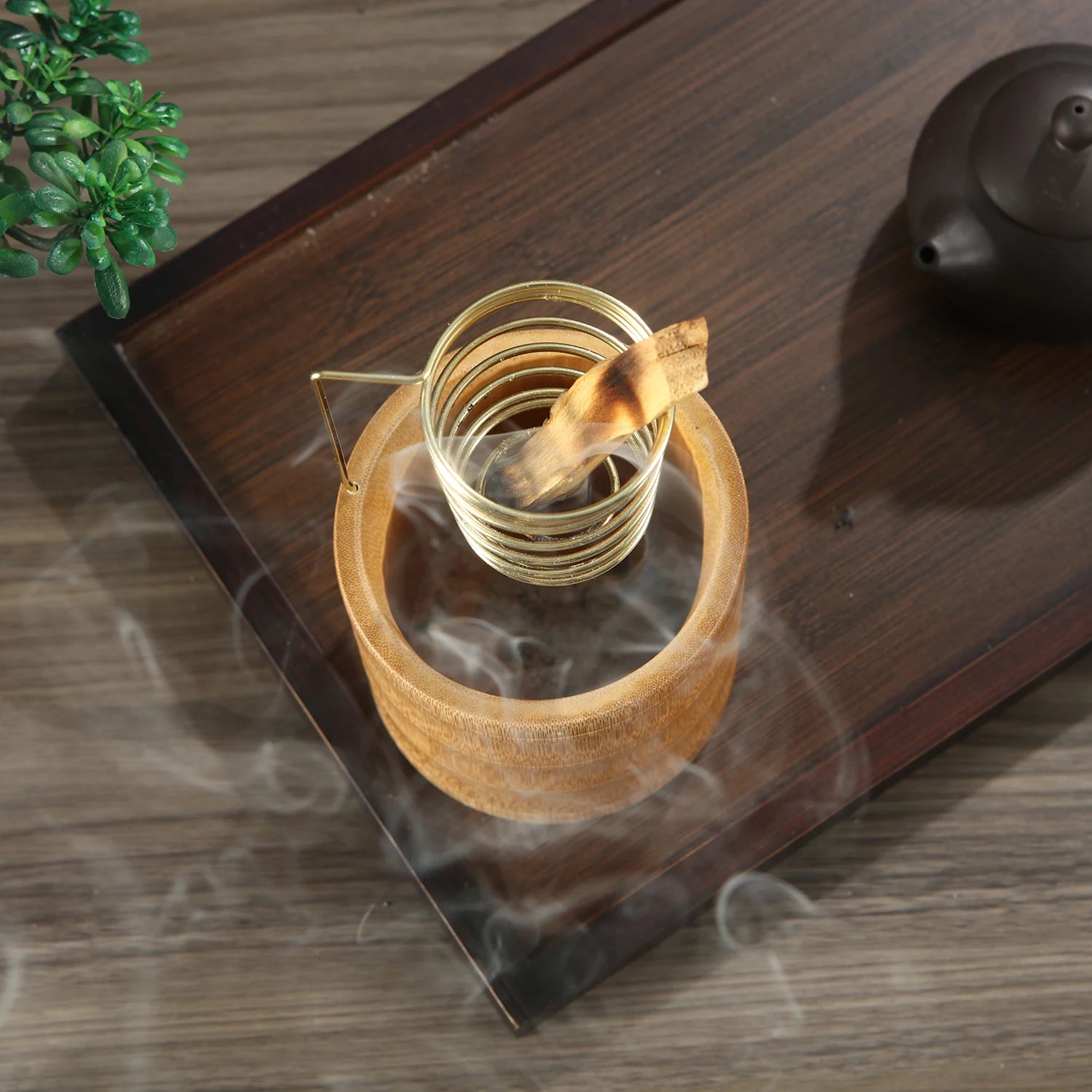 Support en bambou pour Palo Santo, brûleur en métal, support de sauge avec plateau de récupération des cendres en bambou, porte-encens pour méditation, yoga, spa