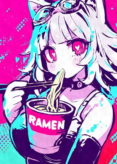 Cat Ear Anime Girl Eating Ramen Poster Aesthetic Anime Ramen Art Prints Japanese Style Cartoon Decor Sexy Girl Canvas Painting