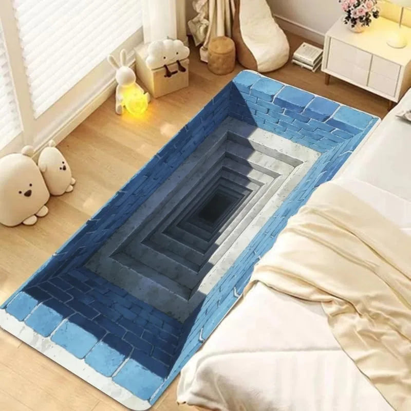 Tapis de couloir 3D Illusion d'optique escalier en pierre Étang Tapis de sol amusant avec trou Décoration d'intérieur antidérapant Tapis doux pour couloir salon