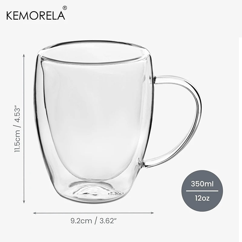 2/4/6 Tazas de café de cristal de doble pared de 350 ml con asa, taza de capuchino de cristal transparente para café, leche, té, zumo