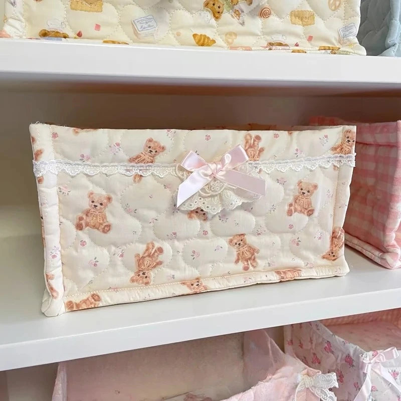 Cesta de almacenamiento cuadrada con encaje y flores, organizador de escritorio, cesta de almacenamiento acolchada coreana, bonita cesta de almacenamiento, decoración del hogar