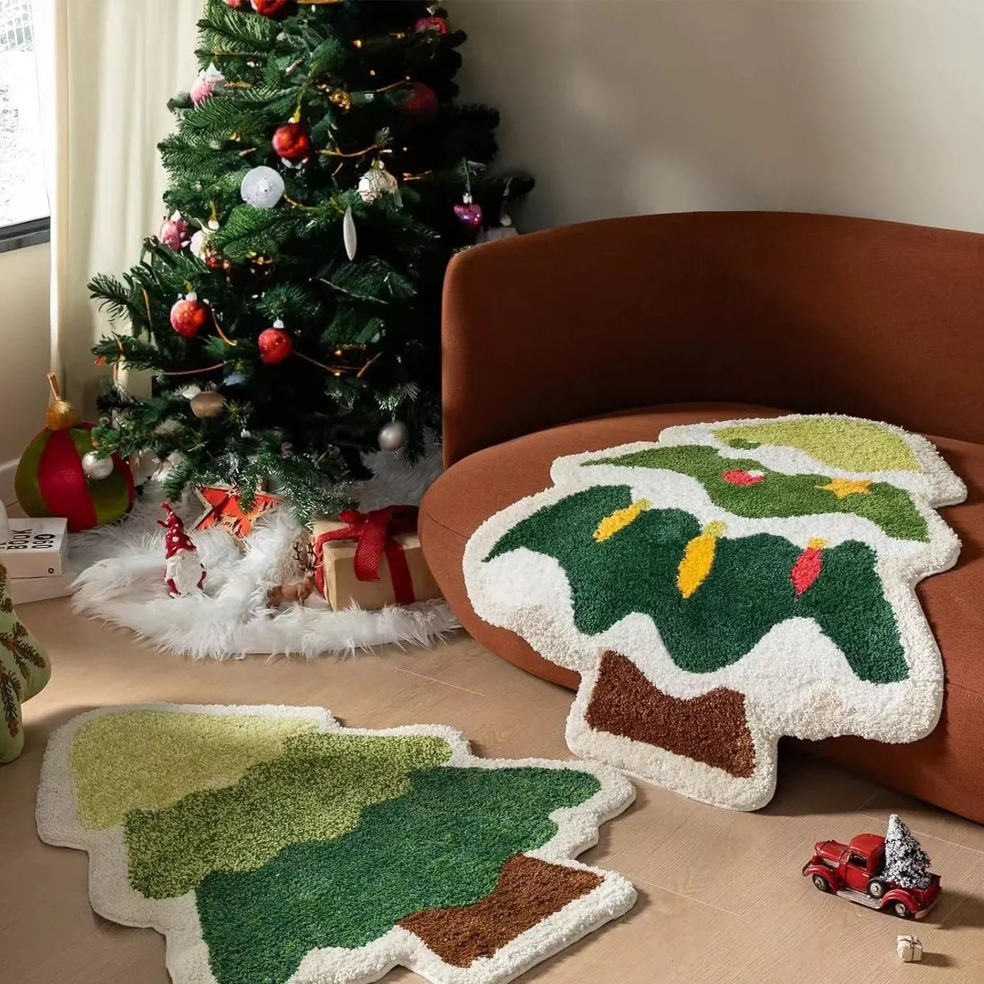 Tapis VIKAMA de Noël en forme de sapin de Noël en laine, doux, antidérapant, tapis de sol, paillasson, ambiance de festival, décoration de maison