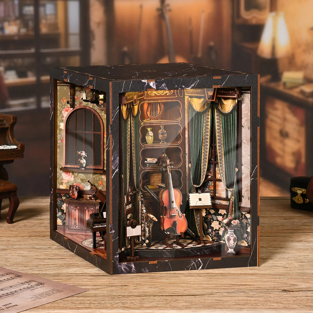 European Melody Musical Instrument Box DIY Miniature House, 3D Puzzle Bookend Model, Wooden Bookend. Creative Gift