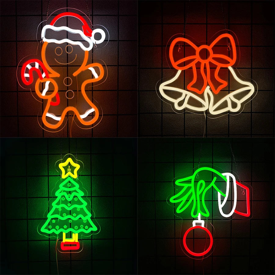 Série de Noël Enseignes Néon, Cloches et Icônes Bonhomme en Pain d'Épices, Alimentées par USB, Utilisées pour la Décoration Artistique de Chambre, Bar et Fêtes Thématiques.