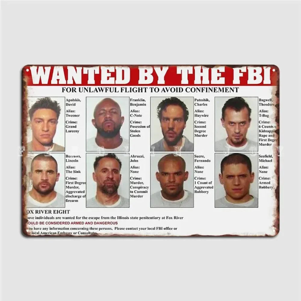 BarMovieArt Prison Break FBI Placa Metálica - Cartel de Se Busca de hojalata con fotos policiales de presos icónicos y logotipos del FBI, decoración impresionante