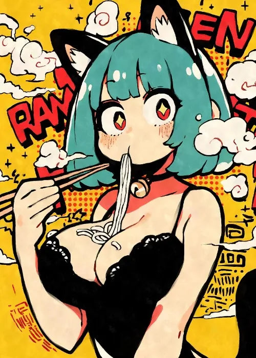 Cat Ear Anime Girl Eating Ramen Poster Aesthetic Anime Ramen Art Prints Japanese Style Cartoon Decor Sexy Girl Canvas Painting
