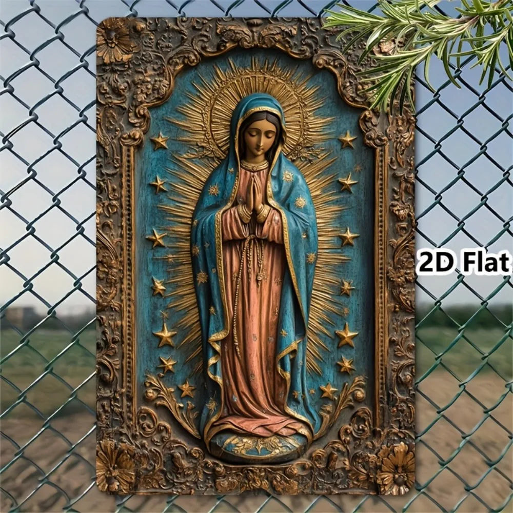 Letrero metálico vintage de la Virgen de Guadalupe - Placa de aluminio Golden Star de 8x12", decoración interior y exterior para garaje