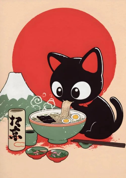 Póster Vintage Japonés Gato Comiendo Ramen Sushi Maneki Neko Arte de Pared de Cocina Gato Japonés Neko Decoración de Pared Lienzo Pintura Restaurante
