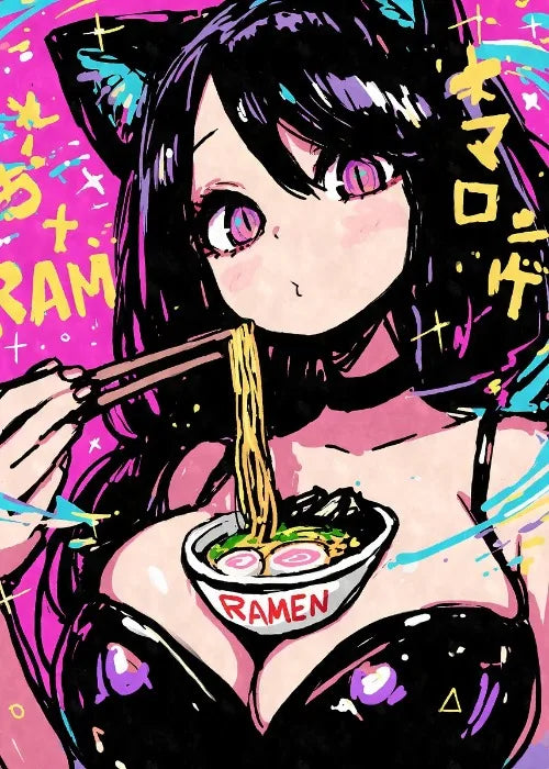 Cat Ear Anime Girl Eating Ramen Poster Aesthetic Anime Ramen Art Prints Japanese Style Cartoon Decor Sexy Girl Canvas Painting