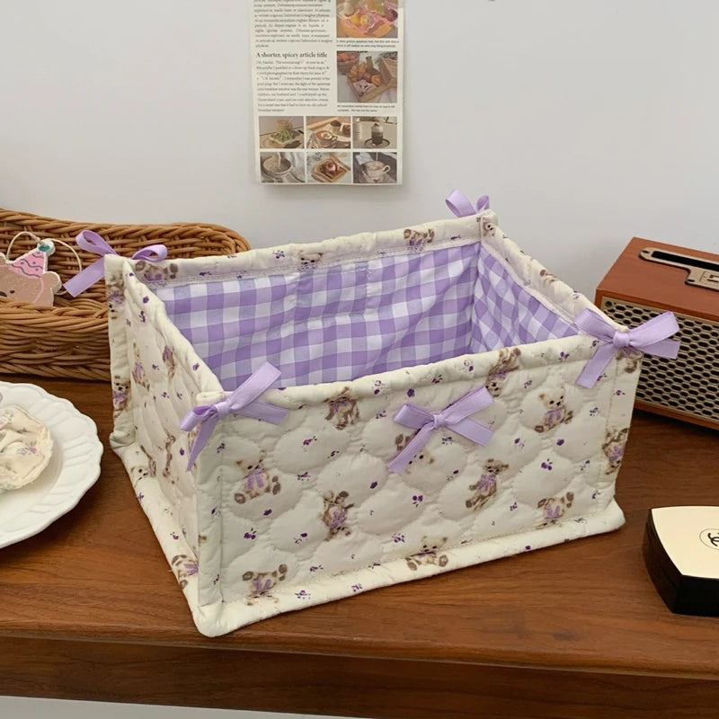 Cesta de almacenamiento cuadrada con encaje y flores, organizador de escritorio, cesta de almacenamiento acolchada coreana, bonita cesta de almacenamiento, decoración del hogar