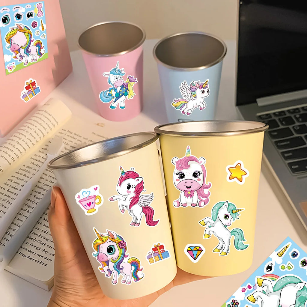 8/16/24PCS Pegatinas de dibujos animados de unicornios arcoíris para collage, decorativas para móviles, tabletas, patinetas, pegatinas impermeables para papelería