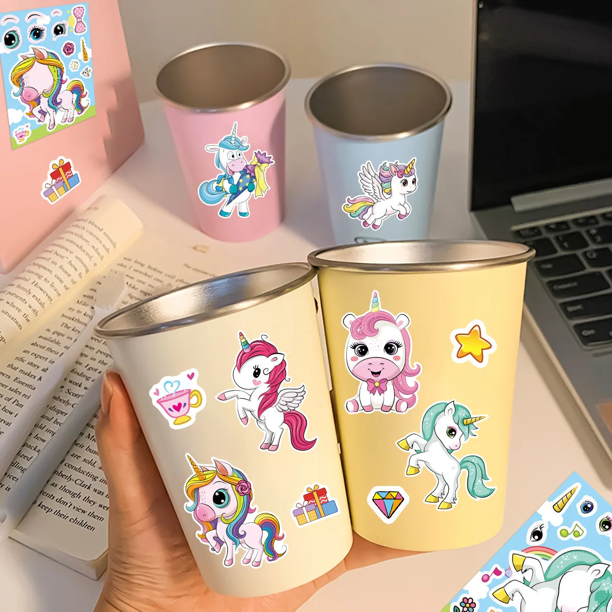 8/16/24PCS Pegatinas de dibujos animados de unicornios arcoíris para collage, decorativas para móviles, tabletas, patinetas, pegatinas impermeables para papelería