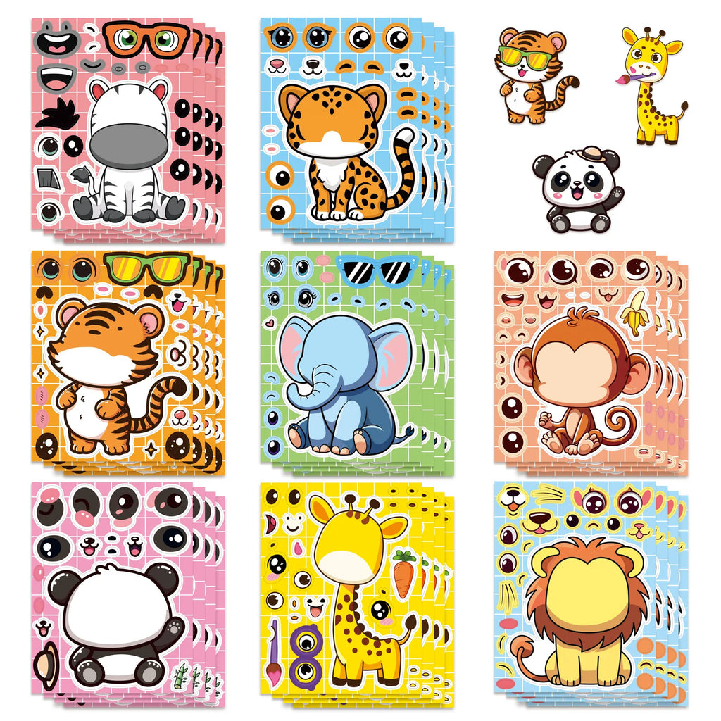 8/16/24PCS Cartoon Animal Puzzle Stickers Make a Face Cartoon Decals Stationery Notebook Phone Laptop Decoration Stickers