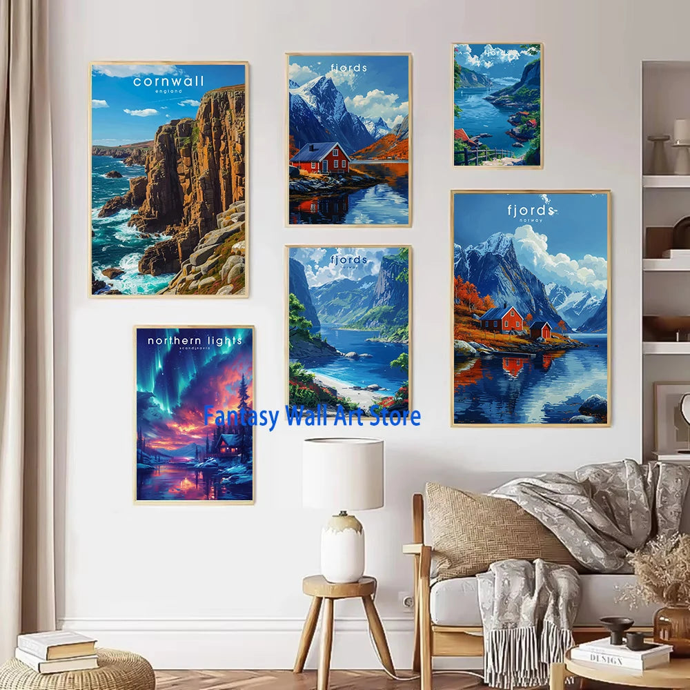 Póster de viaje por Europa, paisaje natural europeo, pintura en lienzo, fiordos, auroras boreales, Cornualles, decoración de pared de viaje