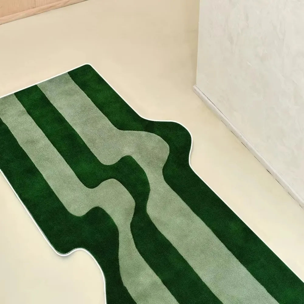 Alfombra a Rayas Onduladas Verde Oscuro VIKAMA, Antideslizante para Cabecera de Dormitorio, Estilo Nórdico, Alfombra de Suelo para Sala de Estar, Dormitorio, Decoración del Hogar