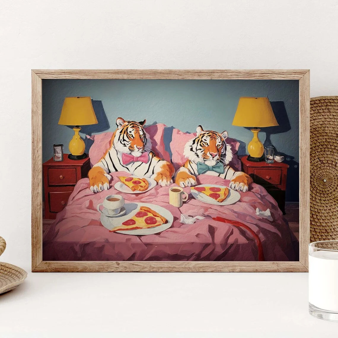 Cuadro de Arte de Pared Tigre Pizza: Arte de Pared Retro Decoración Dopamina, Impresión de Arte de Creatividad, Impresión Grande para el Hogar