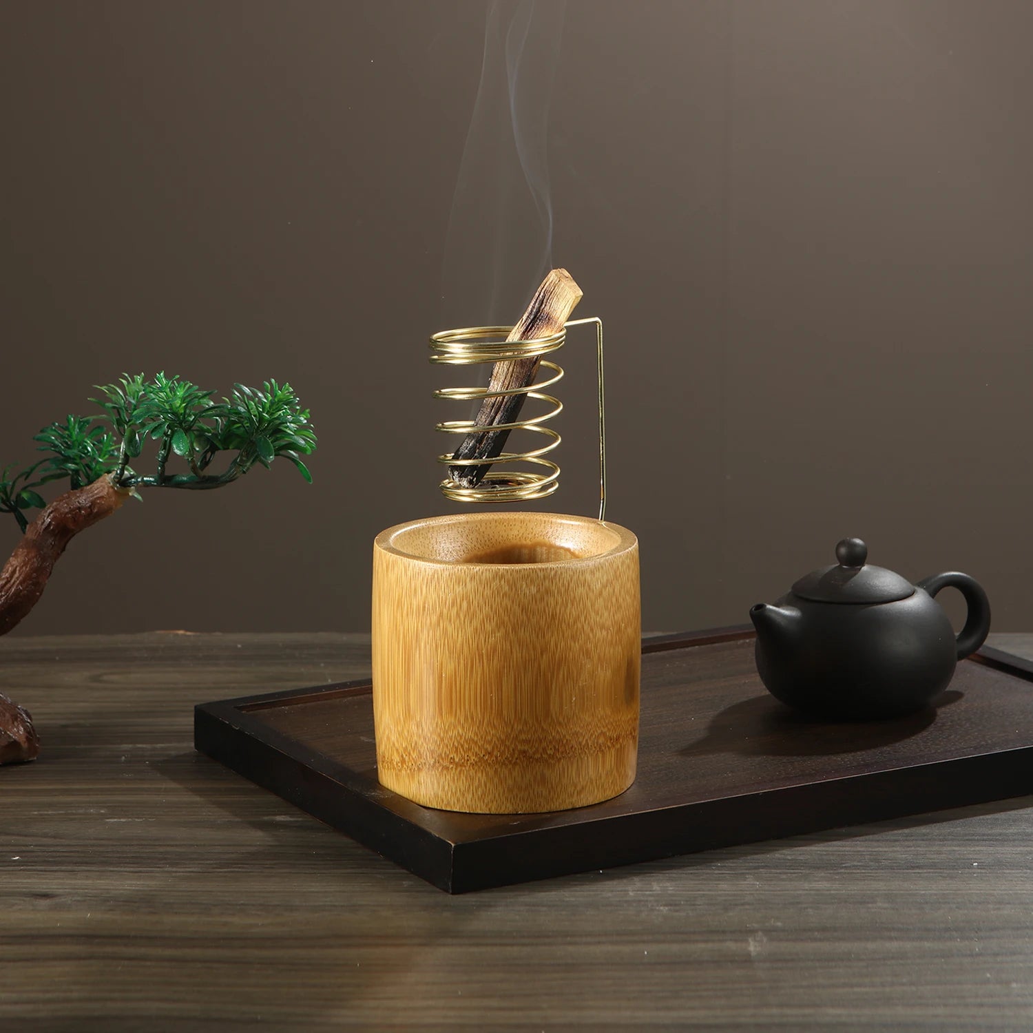 Support en bambou pour Palo Santo, brûleur en métal, support de sauge avec plateau de récupération des cendres en bambou, porte-encens pour méditation, yoga, spa