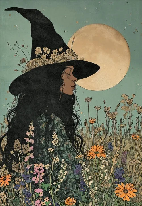 Estampa artística de bruja, bruja con luna llena, decoración de pared, pintura de brujas en la oscuridad, decoración de pared, póster de lienzo, decoración romántica oscura