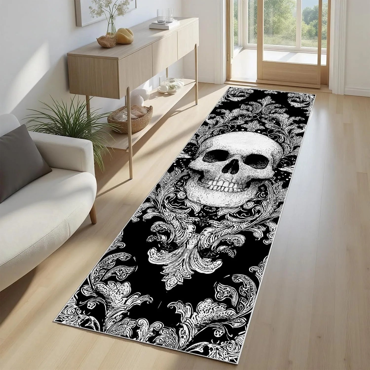 Alfombra Corrediza Gótica con Patrón de Calavera, Tapete Decorativo de Rosa Roja y Negra, Suave, Antideslizante, Arte para el Hogar, para Pasillo, Sala de Estar, Cabecera