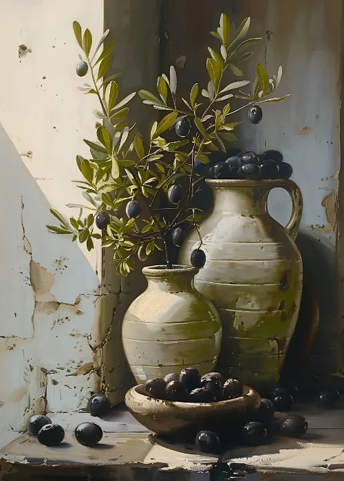 Jarrón de flores de naturaleza muerta, decoración de pared de pintura botánica vintage, jarrones antiguos vintage, impresiones estéticas, pintura de lienzo de olivo
