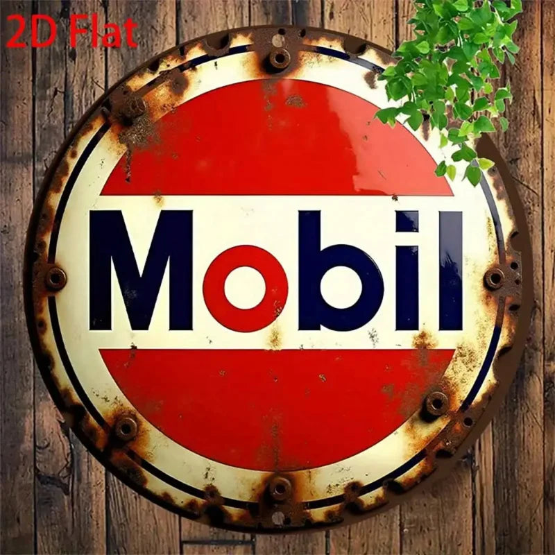Plaque ronde plate 2D de 20x20 cm - Enseigne vintage en étain aluminium "Mobil" - Décoration murale rustique pour la maison