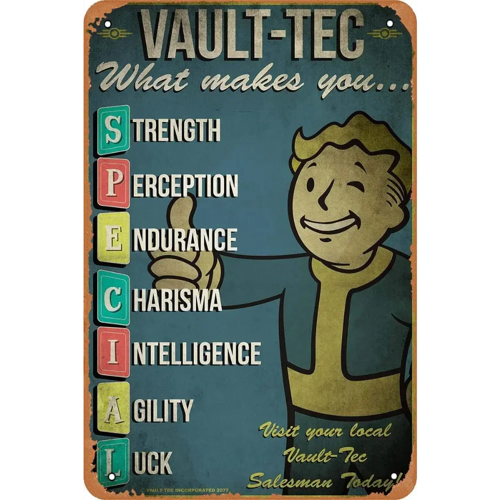 Affiche Métal RetroGameDecor V-Vault Tec - Plaque Étain Style Vintage avec Art Console de Jeu Rétro, Décoration Murale Exclusive