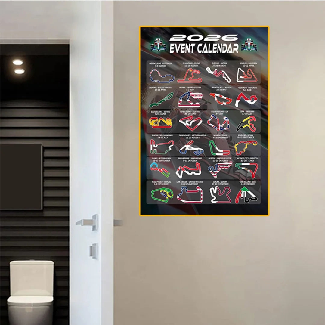 Cadeaux et Tentations 2026 Affiche du calendrier des événements de Formule Racing avec les tracés des pistes et les drapeaux nationaux, Impression d'art mural