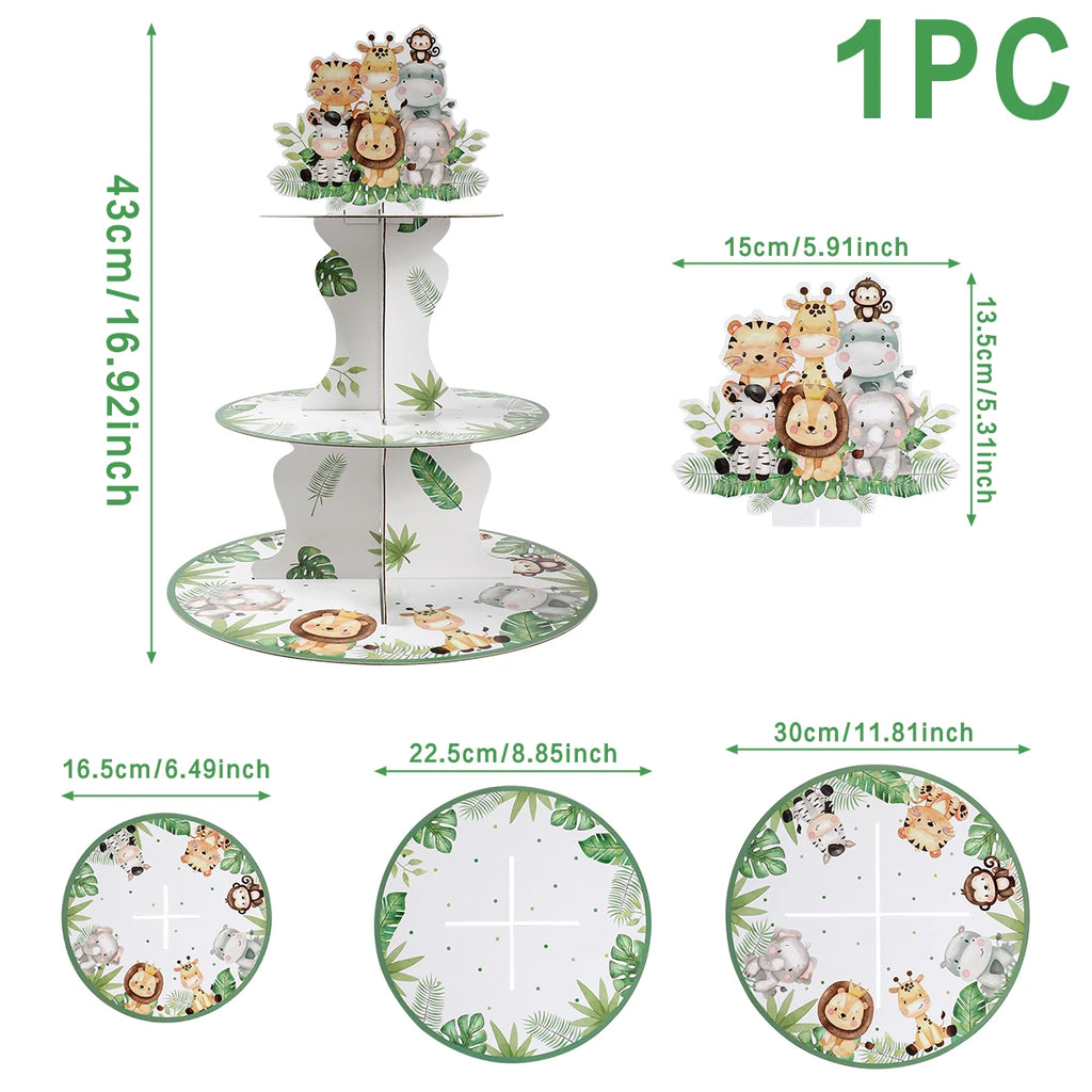 Présentoir à cupcakes Safari Animaux de la Jungle Décorations de Fête d'Anniversaire Baby Shower Support à Gâteaux Fournitures de Fête d'Anniversaire Thème Animaux Sauvages pour Enfants