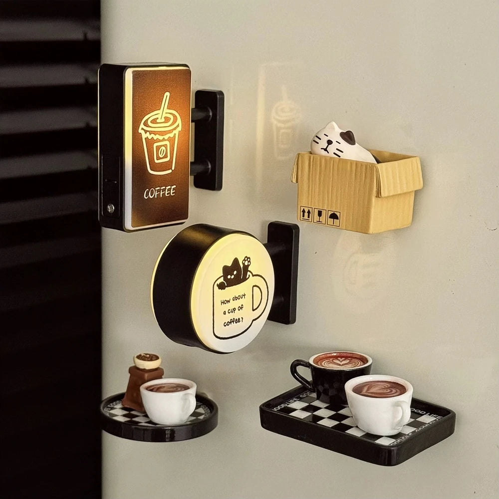 Aimant de Réfrigérateur Lumineux Coin Café Rétro Aimant de Réfrigérateur Lumineux Magnétique Décoration Lumineuse Miniature pour Magasin de Café