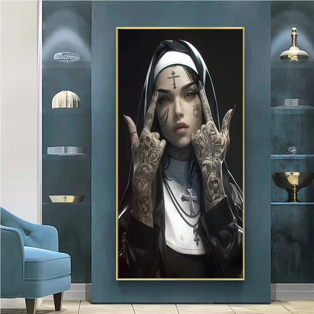 Póster de Monja con Ametralladora Tatuada Sexy, Estampado de Monja Cristiana Fumando, Lienzo para Sala de Estar, Fondo de Pared, Decoración del Hogar