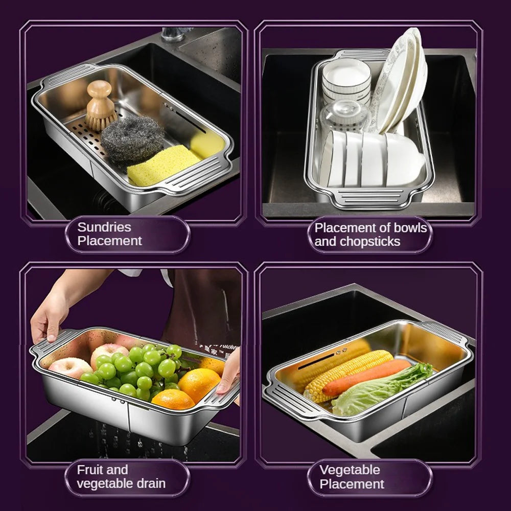Cesta de filtro de fregadero telescópica de acero inoxidable, longitud ajustable, utilizada para lavar frutas, escurrir espaguetis y vajilla