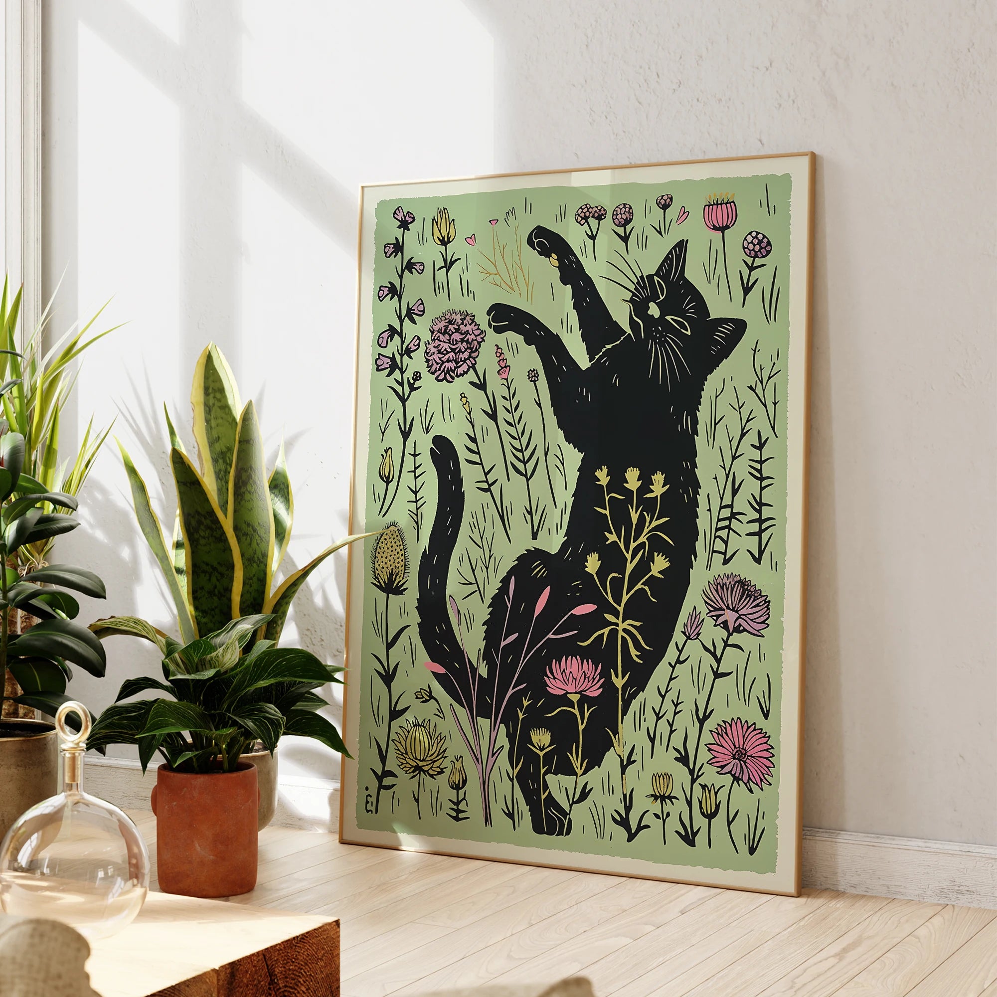 Affiche d'art mural moderne chat noir mignon avec fleurs illustration sur toile peinture image pour la décoration de la maison de salon