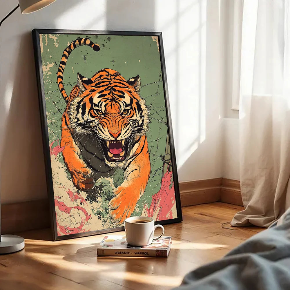 Lienzo vintage Ukiyo-e de tigre – Póster japonés de pared para sala de estar, dormitorio, decoración nórdica del hogar