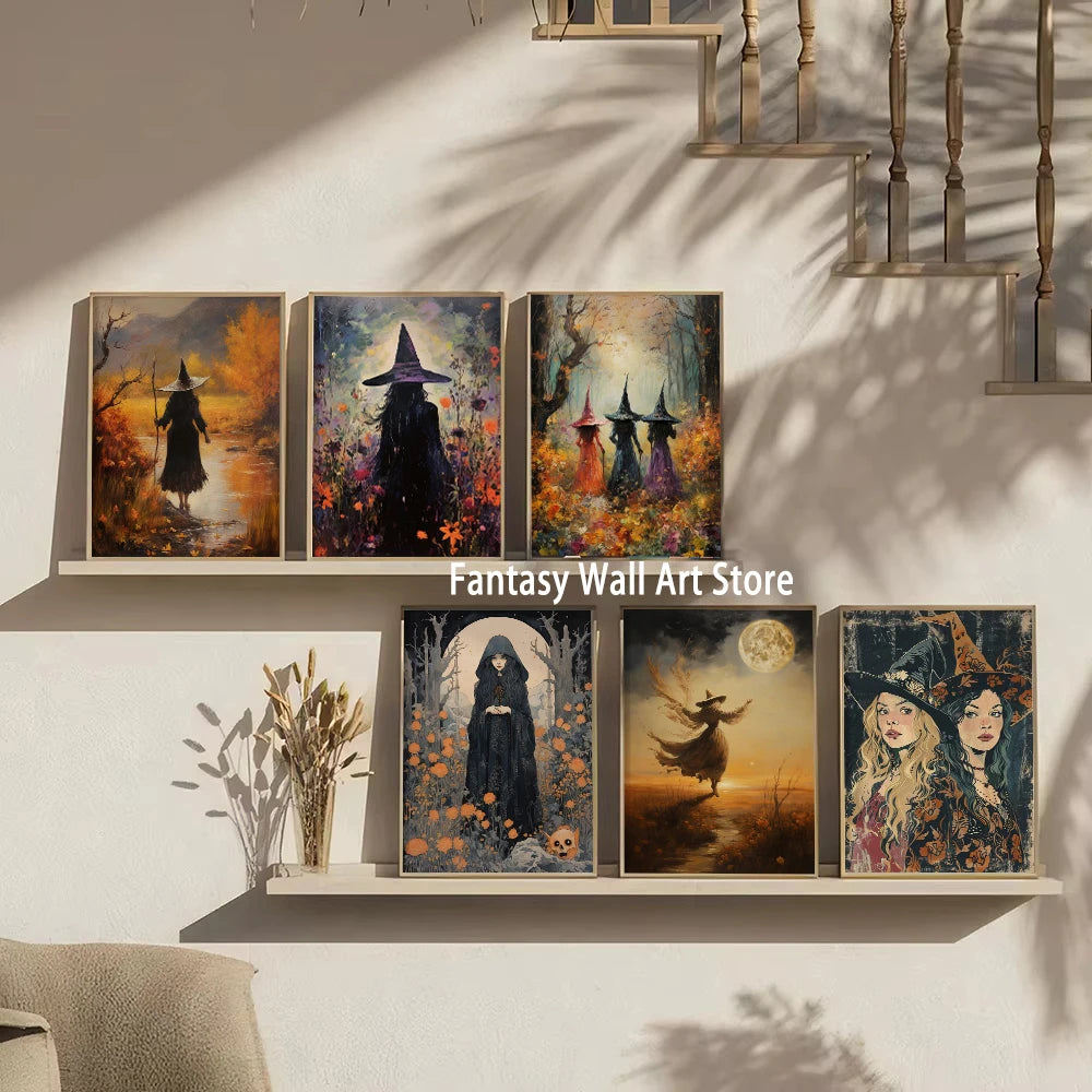 Estampa artística de bruja, bruja con luna llena, decoración de pared, pintura de brujas en la oscuridad, decoración de pared, póster de lienzo, decoración romántica oscura