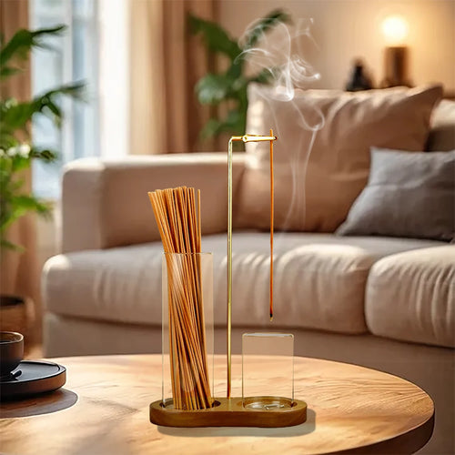 Soporte de Incienso 2 en 1 para Varillas, Quemador de Incienso Anti-Ceniza Voladora con Cenicero de Vidrio y Organizador de Varillas para Meditación Yoga