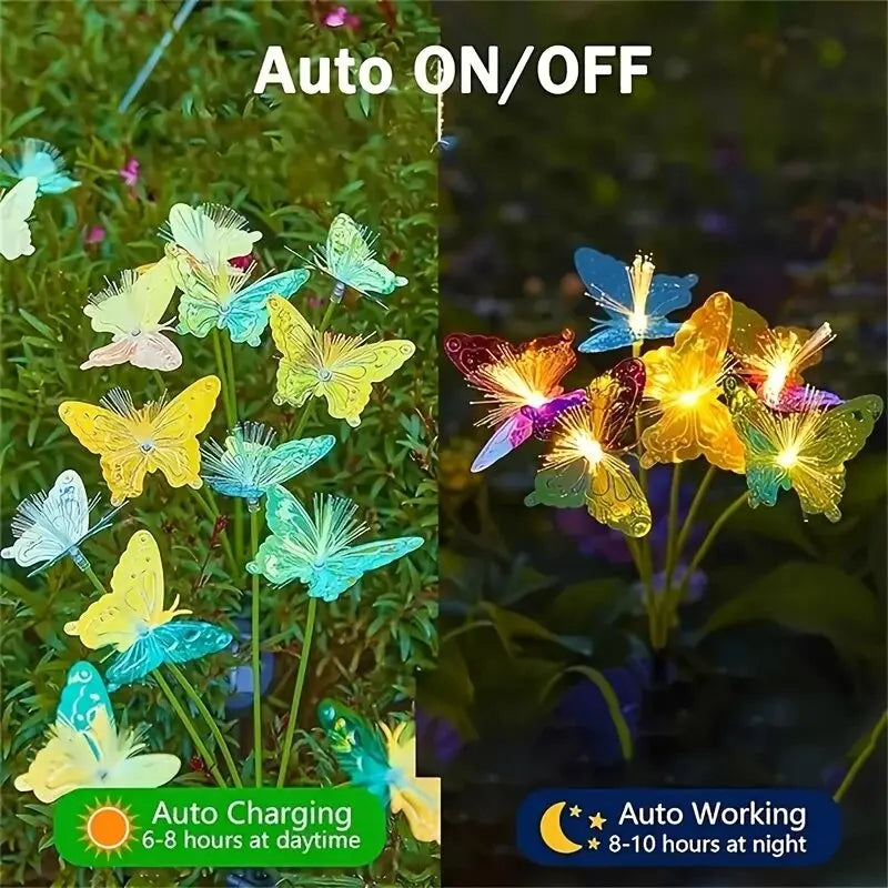 1 lampe solaire à fibre optique LED papillon à 6 têtes, 2 modes d'éclairage d'ambiance extérieur idéal pour jardin, allées, pelouse, patio, cour