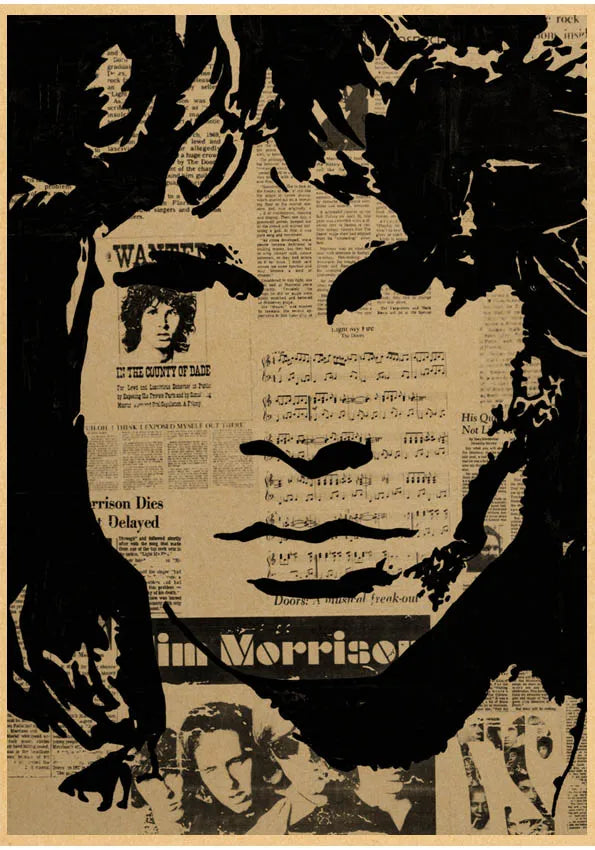 The Doors Jim Morrison Vintage Retro banda de rock música Guitarra Póster de papel kraft mate Adhesivo de pared Decoración de habitación del hogar