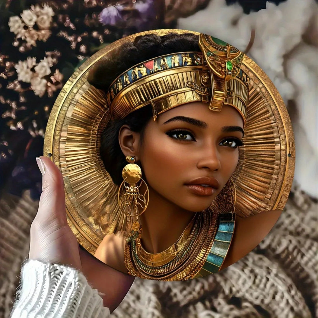 Egyptian Queen Metal Wall Art, 7.87 Inch Round Aluminum Sign with Gold Accents, Vintage Home Decor for Kitchen Office Garden Gar