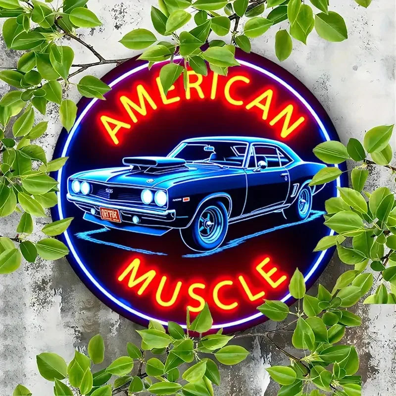 1 Letrero de Neón de Coche Clásico Americano de Inspiración Vintage, Arte de Pared Redondo de Aluminio con Bordes Elegantes, Rojo y Azul Brillante, Perfecto para Cafetería