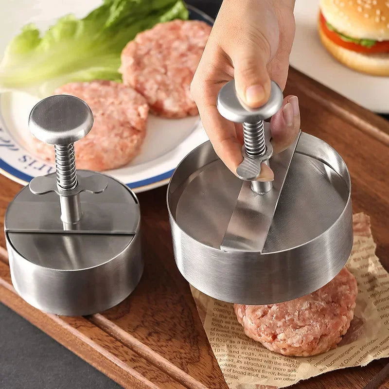 Prensa de carne de hamburguesa de acero inoxidable 304, moldeador de hamburguesas redondo antiadherente, grosor ajustable, herramienta de barbacoa de carne y arroz para picnic al aire libre/cocina