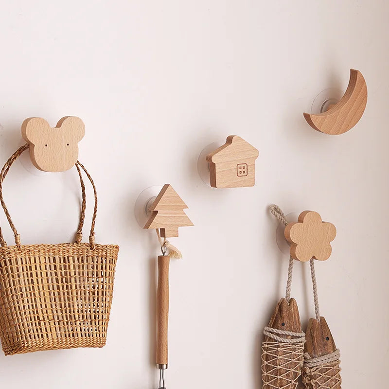 Crochets décoratifs en bois Étoile et Lune Adorables animaux de dessins animés crochets adhésifs muraux omnipotents porte-clés pour la maison et la décoration