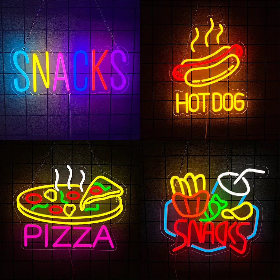 Letreros de neón de comida rápida, iconos de comida de pizza y perritos calientes, alimentados por USB, utilizados para decoración de paredes de tiendas, cocinas, restaurantes de comida rápida.