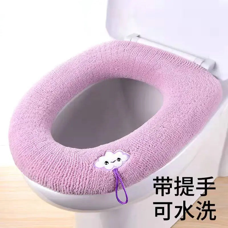Funda de asiento de inodoro cálida de invierno, alfombrilla de inodoro para baño con asa, cojín grueso suave lavable, accesorios para calentador de inodoro