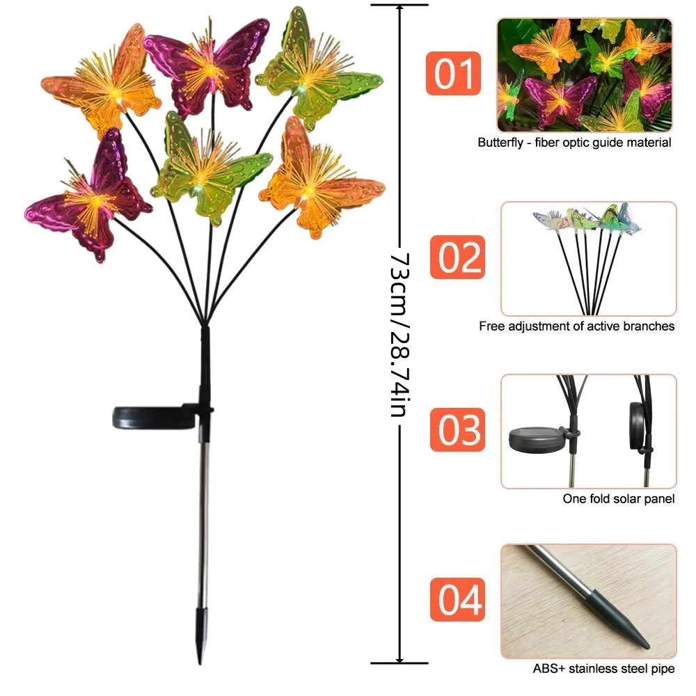 1PC 6-Head LED Solar Lamp,Outdoor Fiber Optic Butterfly Decoration Lighting,Ground,Lawn,Yard,Pathway Colorful Atmosphere Light
