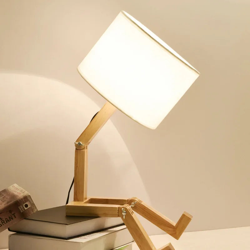 Lampe de table réglable en forme de robot E27 en bois et tissu, lampe de chevet pliable pour salon, bureau, livraison directe